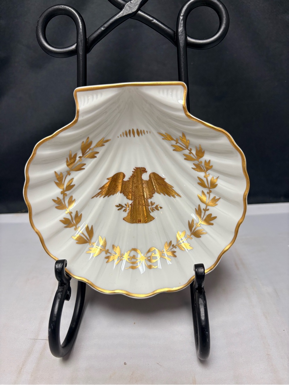 Limoges Scallop Shell Trinket Serving Dish Diplomatic Eagle Gold Laurel Leaf